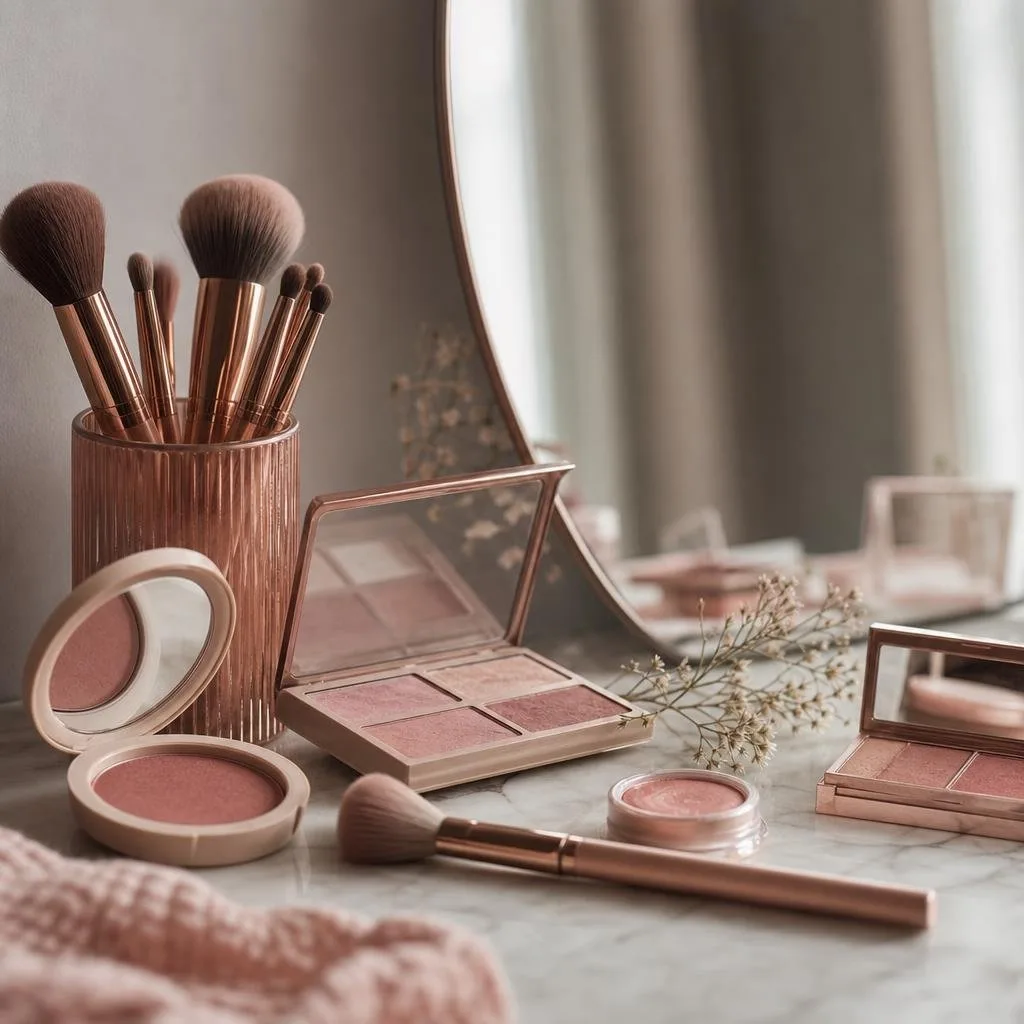 Rose-toned vanity — brushes and blush palettes in soft window light